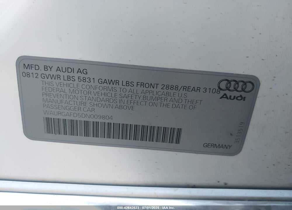2013 AUDI A8 L VIN: WAURGAFD5DN009804