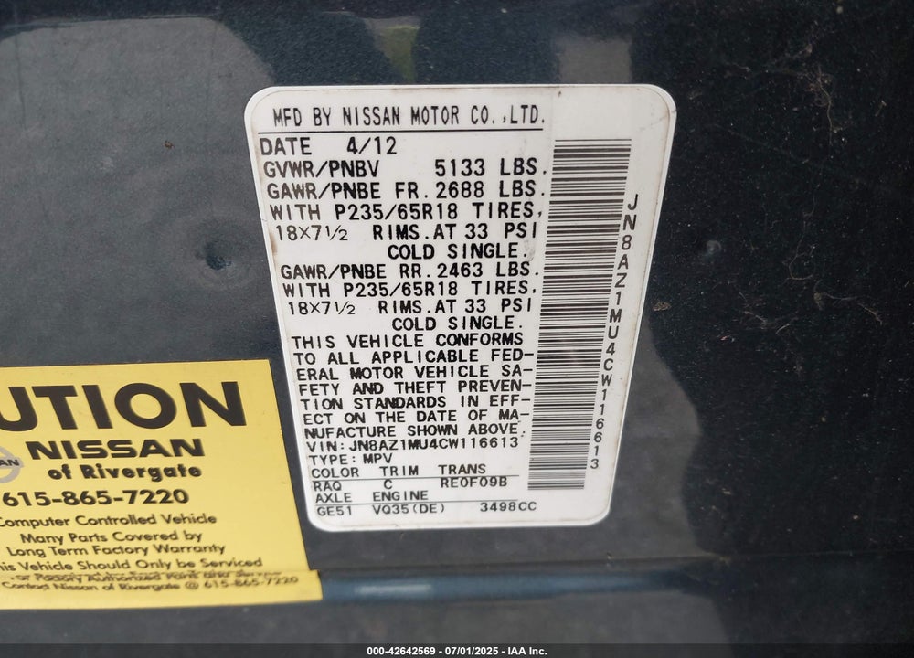 2012 NISSAN MURANO VIN: JN8AZ1MU4CW116613