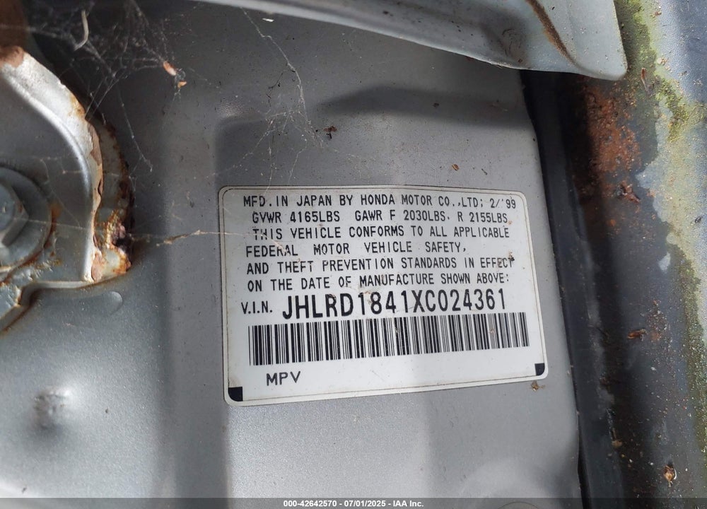 1999 HONDA CR-V LX VIN: JHLRD1841XC024361