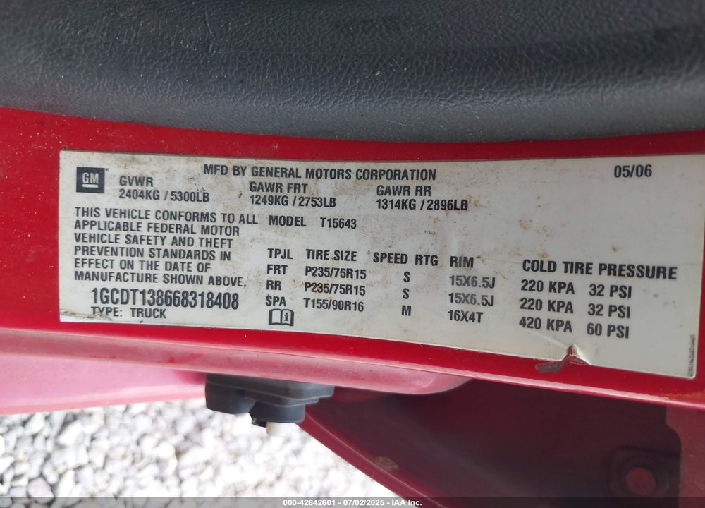 2006 CHEVROLET COLORADO VIN: 1GCDT138668318408