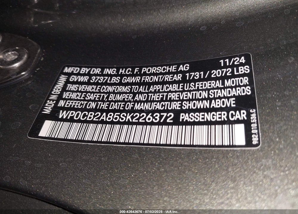 2025 PORSCHE 718 BOXSTER VIN: WP0CB2A85SK226372