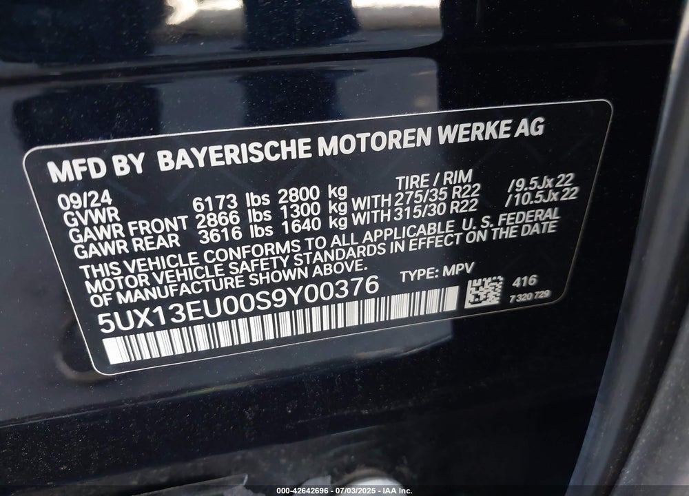 2025 BMW X5 VIN: 5UX13EU00S9Y00376