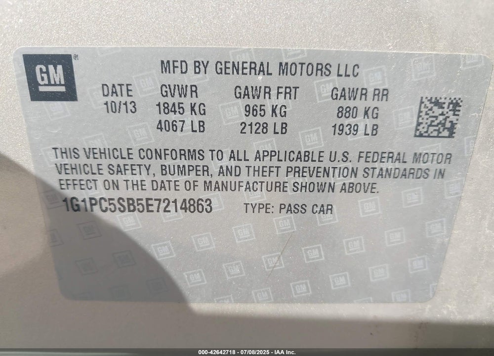 2014 CHEVROLET CRUZE VIN: 1G1PC5SB5E7214863