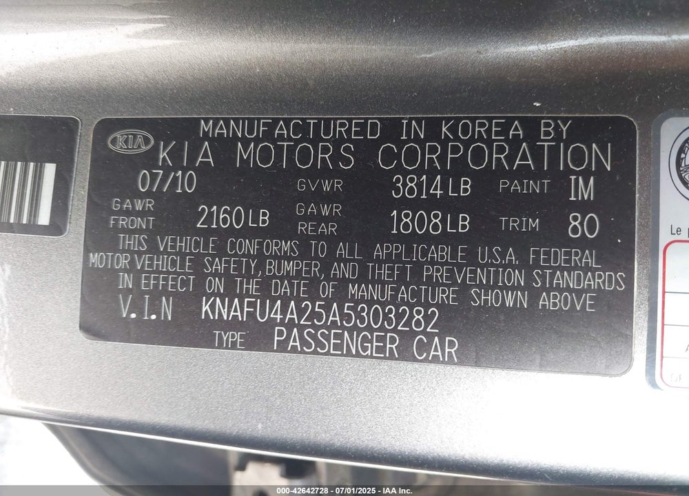 2010 KIA FORTE VIN: KNAFU4A25A5303282