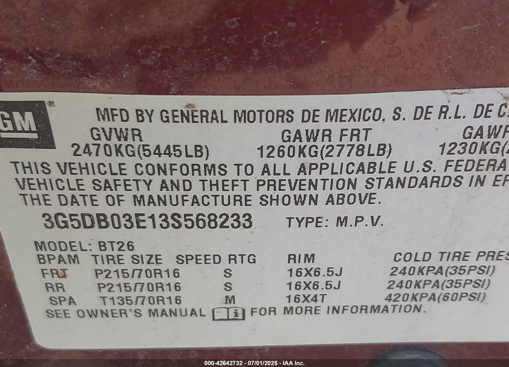 2003 BUICK RENDEZVOUS CX VIN: 3G5DB03E13S568233
