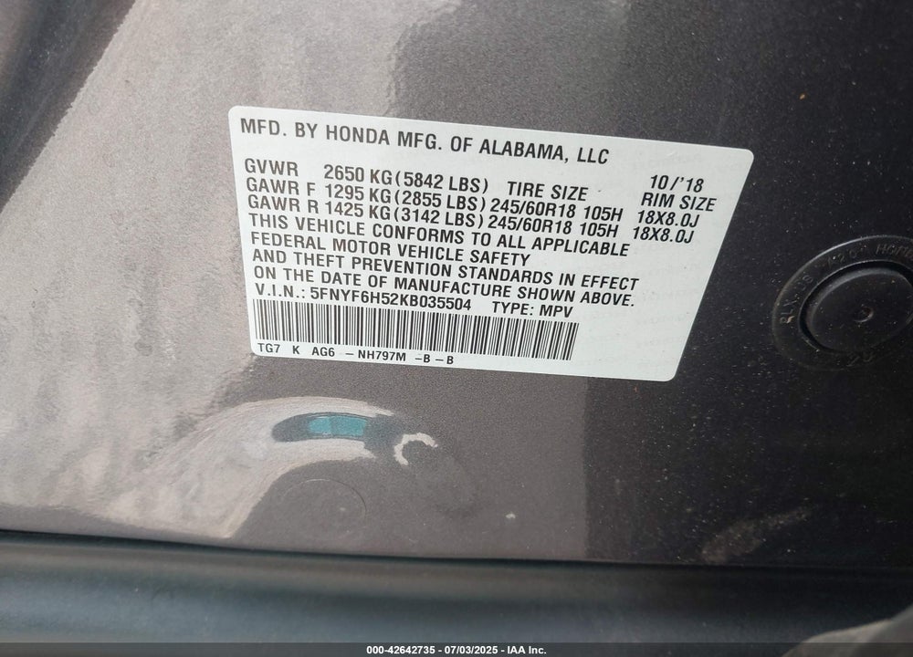 2019 HONDA PILOT VIN: 5FNYF6H52KB035504