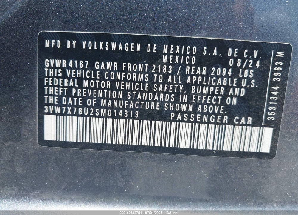 2025 VOLKSWAGEN JETTA 1.5T SE VIN: 3VW7X7BU2SM014319