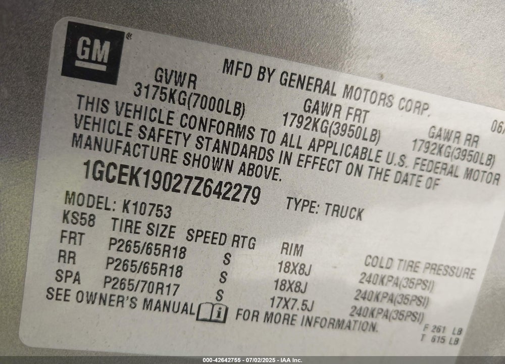 2007 CHEVROLET SILVERADO 1500 VIN: 1GCEK19027Z642279