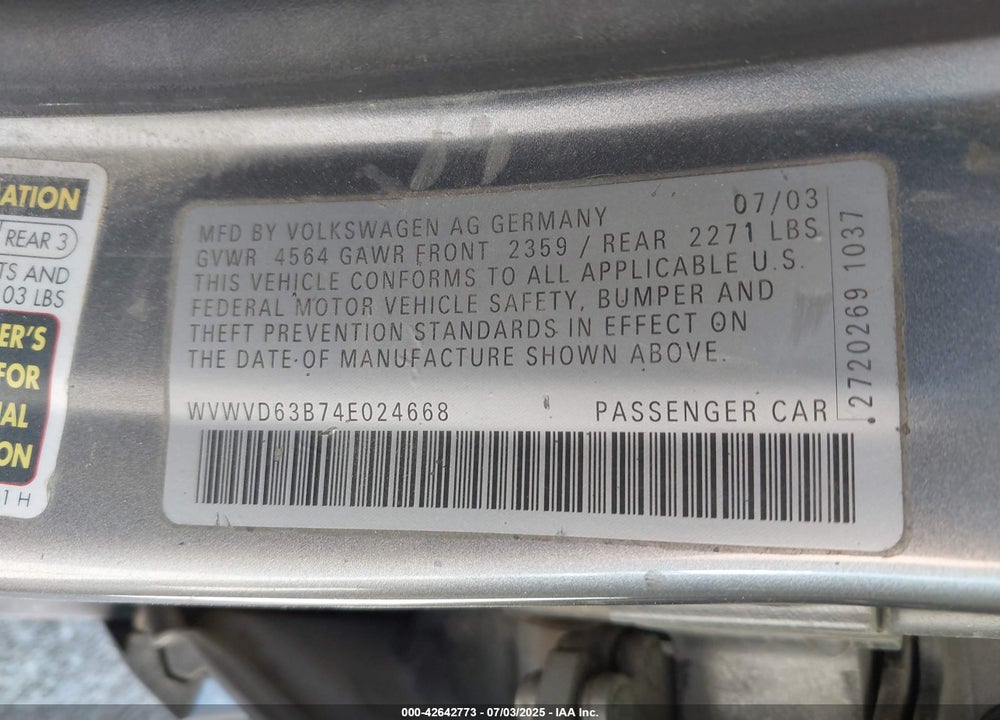 2004 VOLKSWAGEN PASSAT GLS VIN: WVWVD63B74E024668