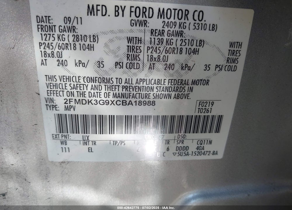 2012 FORD EDGE VIN: 2FMDK3G9XCBA18988