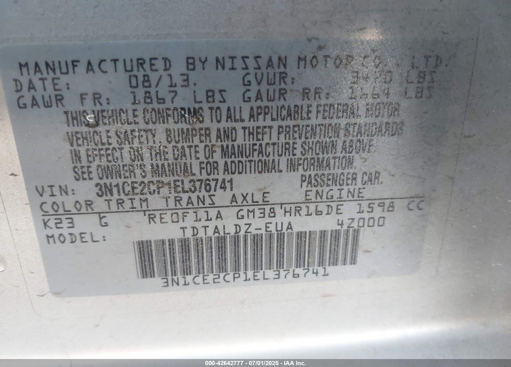 2014 NISSAN VERSA NOTE VIN: 3N1CE2CP1EL376741