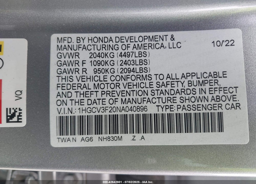 2022 HONDA ACCORD VIN: 1HGCV3F20NA040896