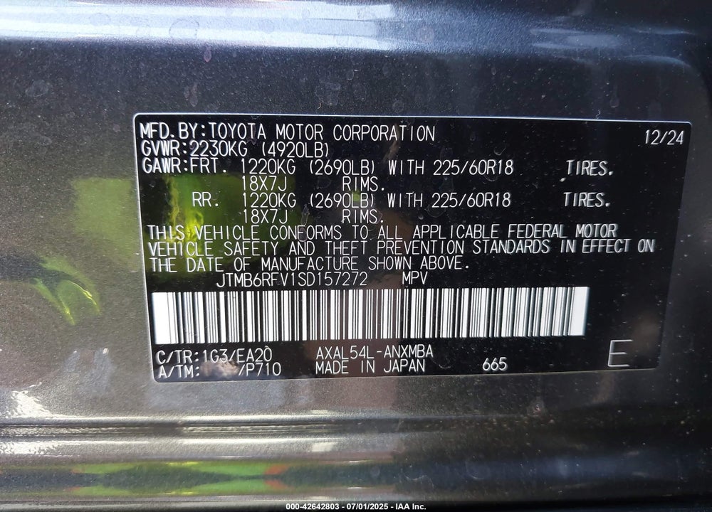 2025 TOYOTA RAV4 HYBRID VIN: JTMB6RFV1SD157272