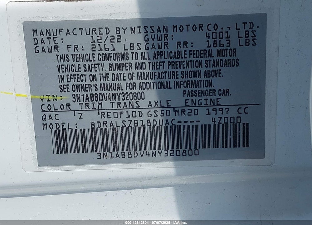 2022 NISSAN SENTRA VIN: 3N1AB8DV4NY320800
