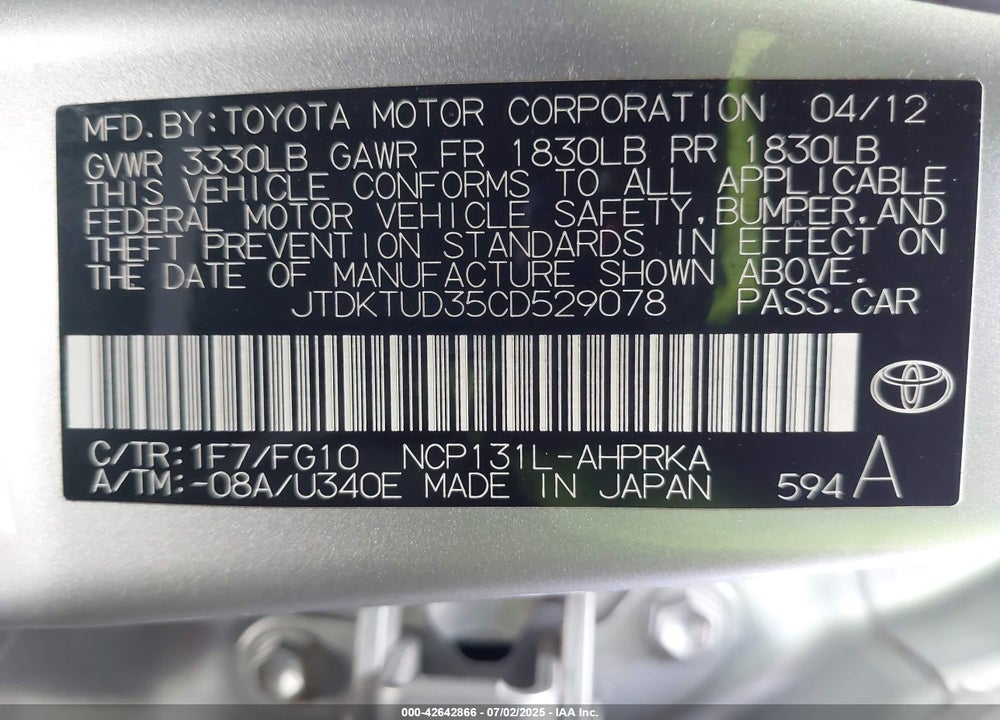 2012 TOYOTA YARIS VIN: JTDKTUD35CD529078