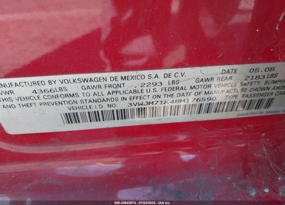 2008 VOLKSWAGEN JETTA S VIN: 3VWJM71K48M176590