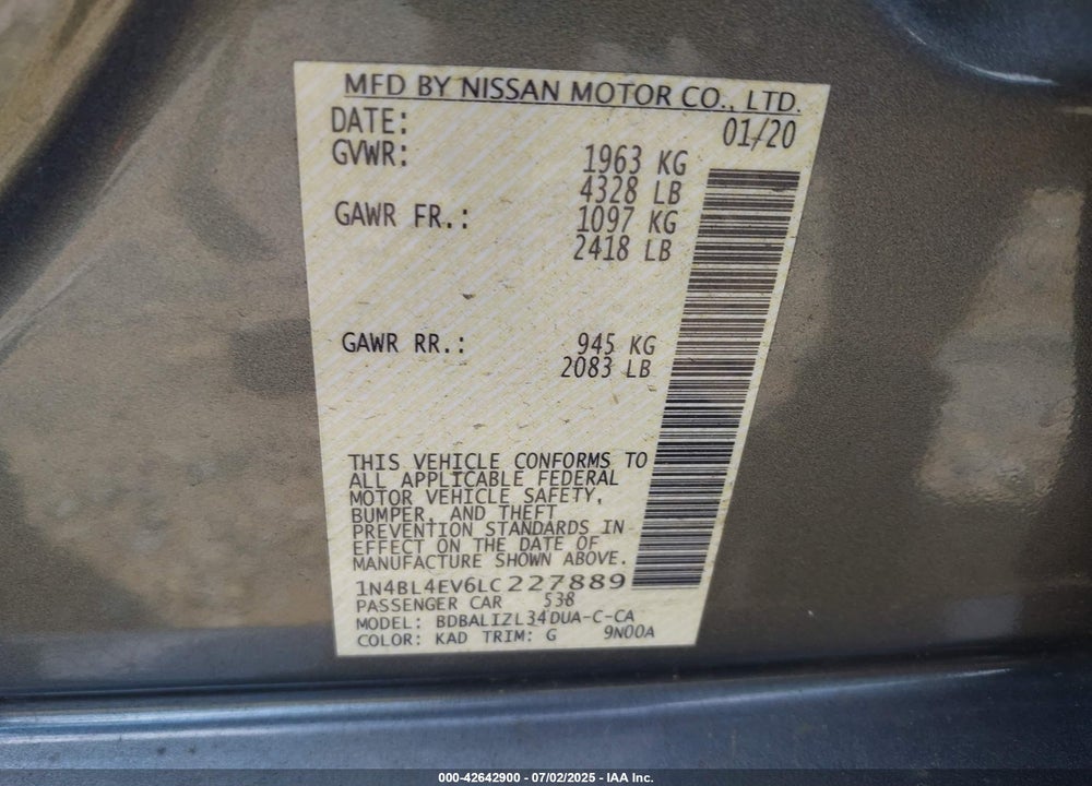 2020 NISSAN ALTIMA VIN: 1N4BL4EV6LC227889