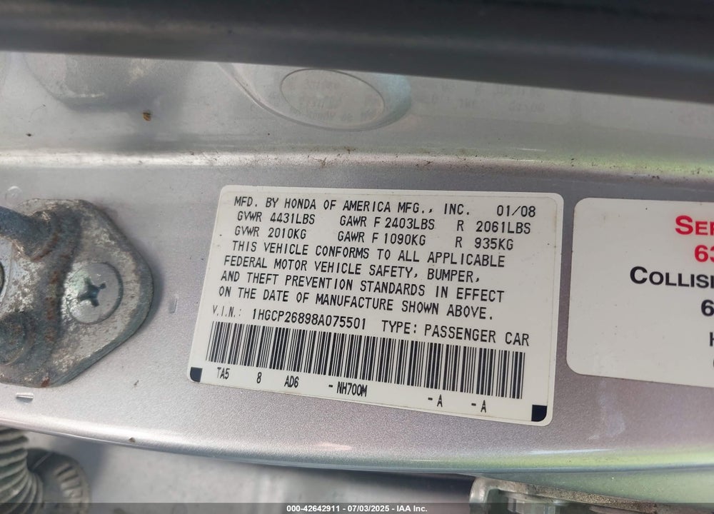 2008 HONDA ACCORD VIN: 1HGCP26898A075501