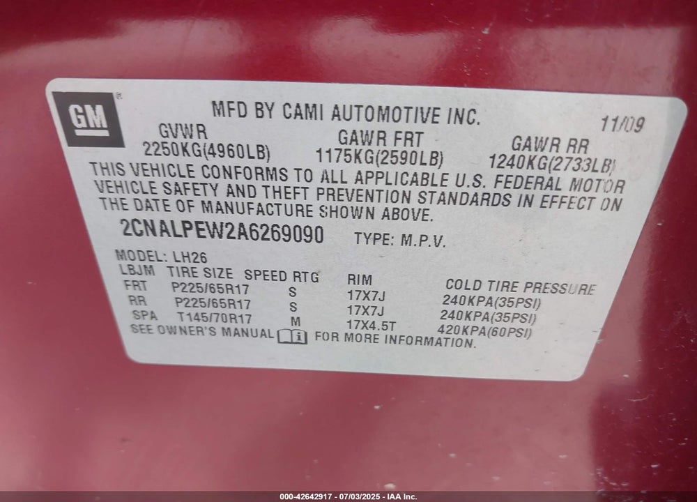 2010 CHEVROLET EQUINOX VIN: 2CNALPEW2A6269090