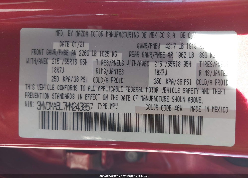 2021 MAZDA CX-30 VIN: 3MVDMABL7MM243857