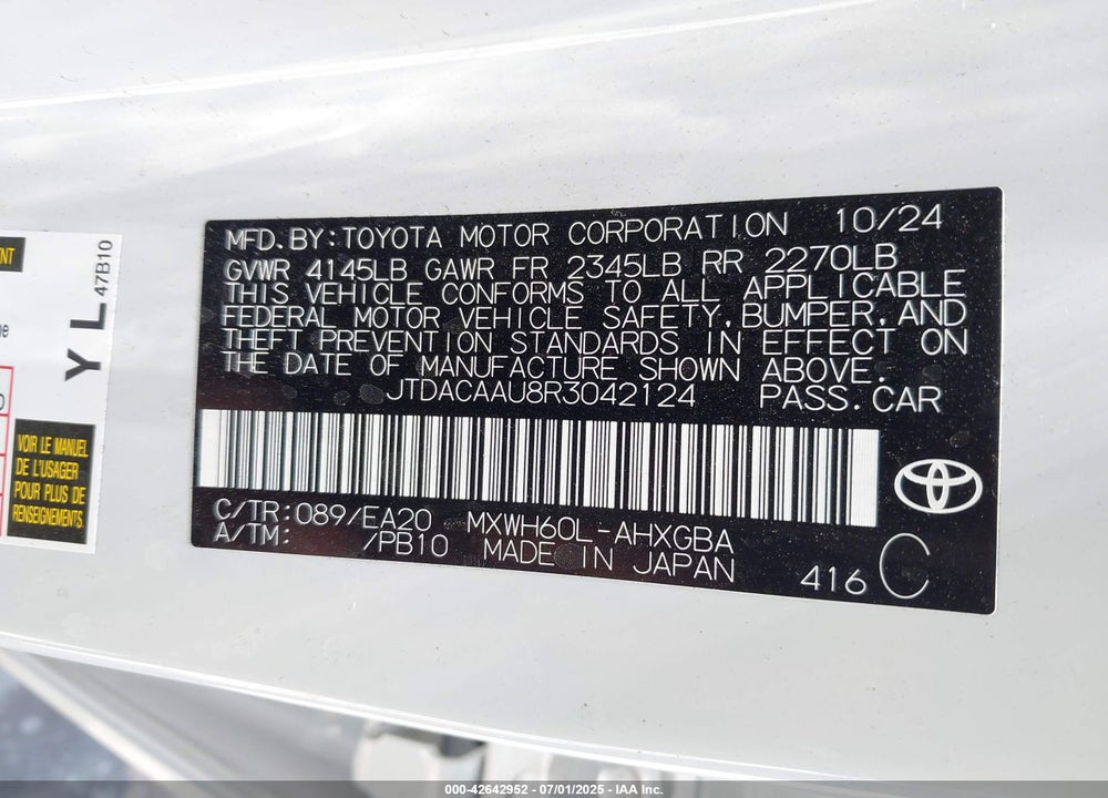 2024 TOYOTA PRIUS VIN: JTDACAAU8R3042124