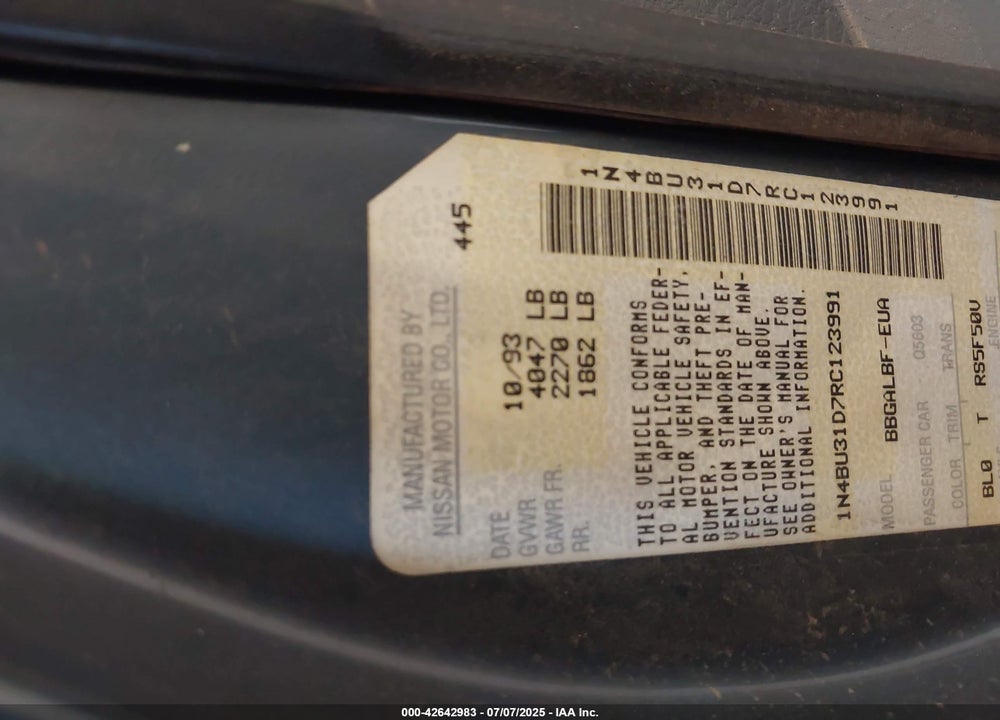 1994 NISSAN ALTIMA XE/GXE/SE/GLE VIN: 1N4BU31D7RC123991