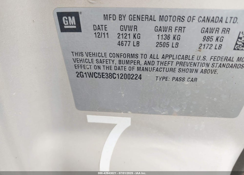 2012 CHEVROLET IMPALA VIN: 2G1WC5E38C1200224
