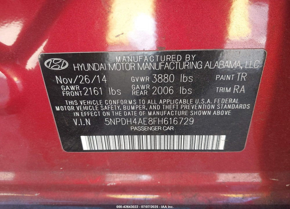 2015 HYUNDAI ELANTRA VIN: 5NPDH4AE8FH616729