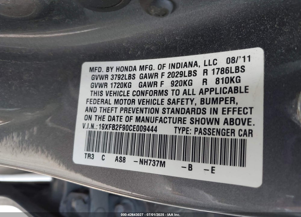 2012 HONDA CIVIC VIN: 19XFB2F90CE009444