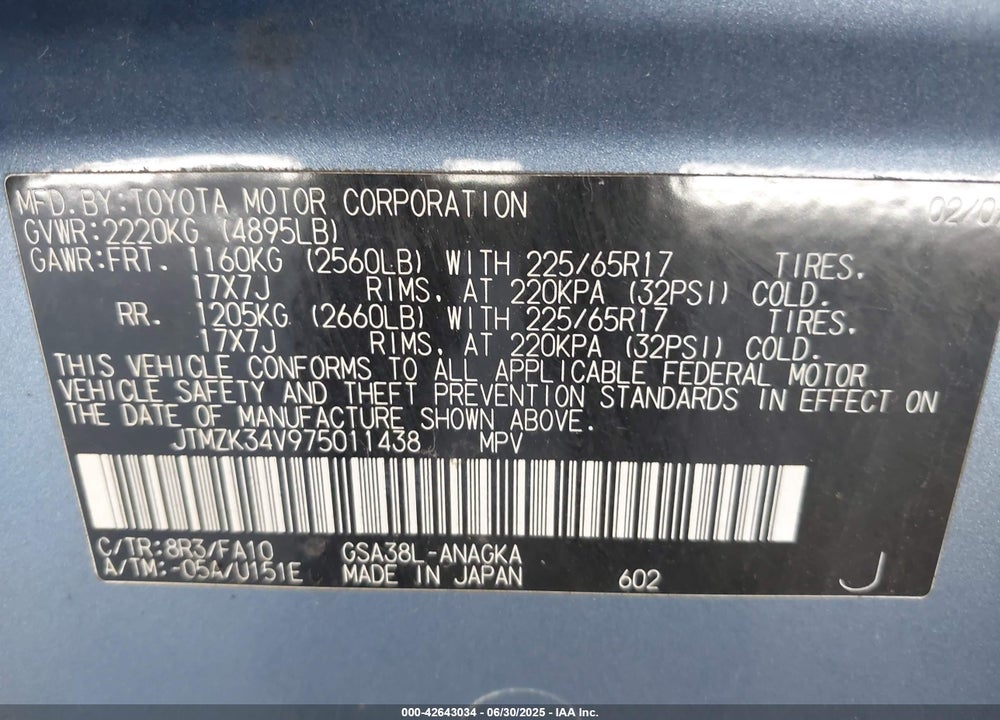 2007 TOYOTA RAV4 LIMITED V6 VIN: JTMZK34V975011438