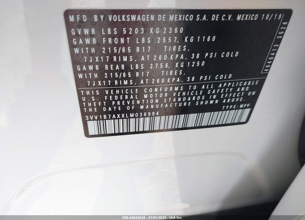 2020 VOLKSWAGEN TIGUAN VIN: 3VV1B7AXXLM036994
