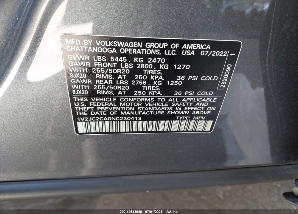 2022 VOLKSWAGEN ATLAS CROSS SPORT VIN: 1V2JC2CA0NC230413