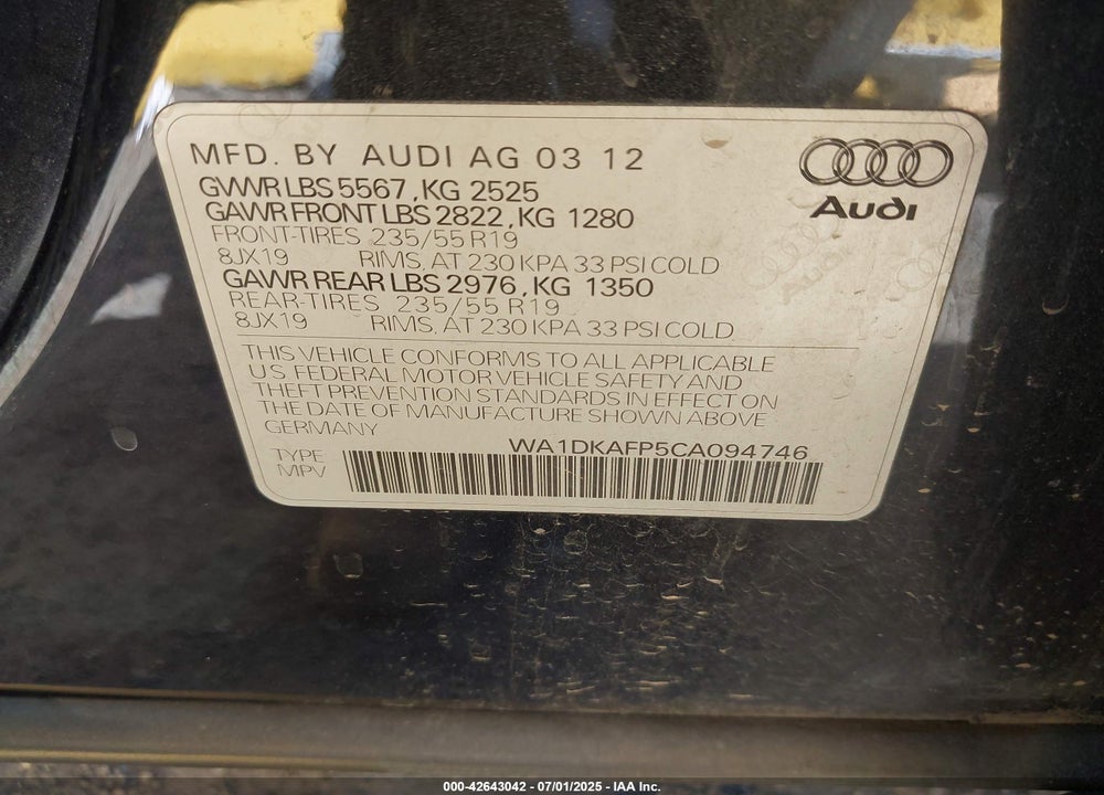 2012 AUDI Q5 VIN: WA1DKAFP5CA094746