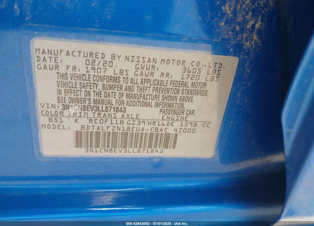 2020 NISSAN VERSA VIN: 3N1CN8EV3LL871843