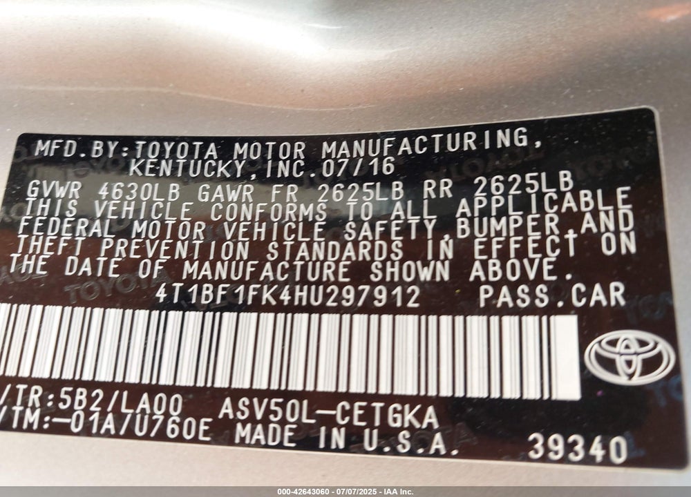 2017 TOYOTA CAMRY VIN: 4T1BF1FK4HU297912