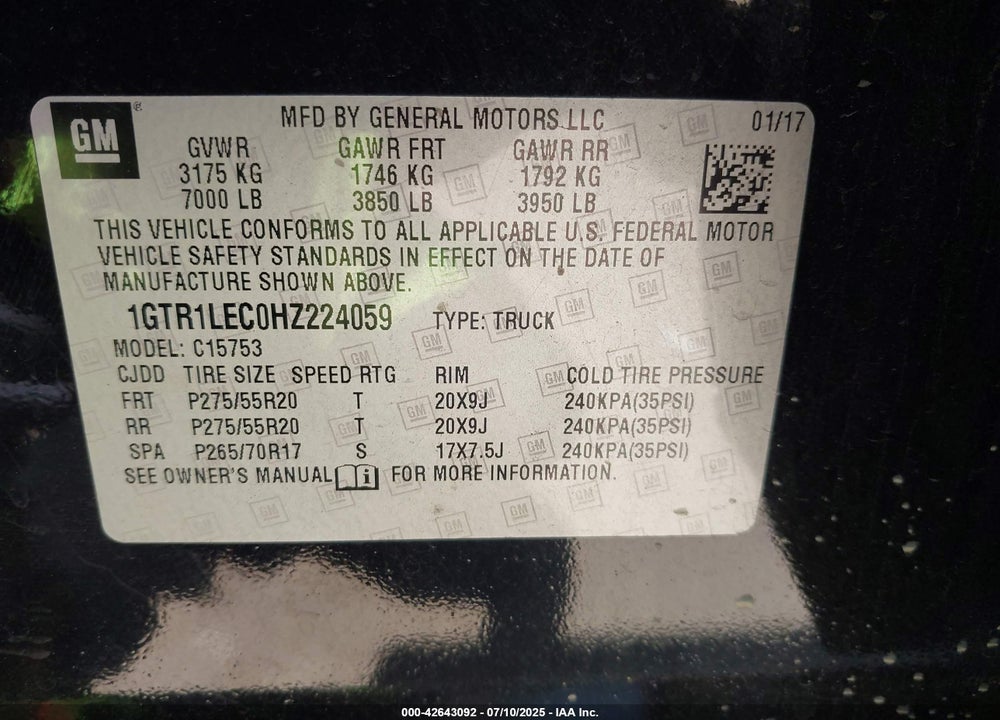2017 GMC SIERRA 1500 VIN: 1GTR1LEC0HZ224059