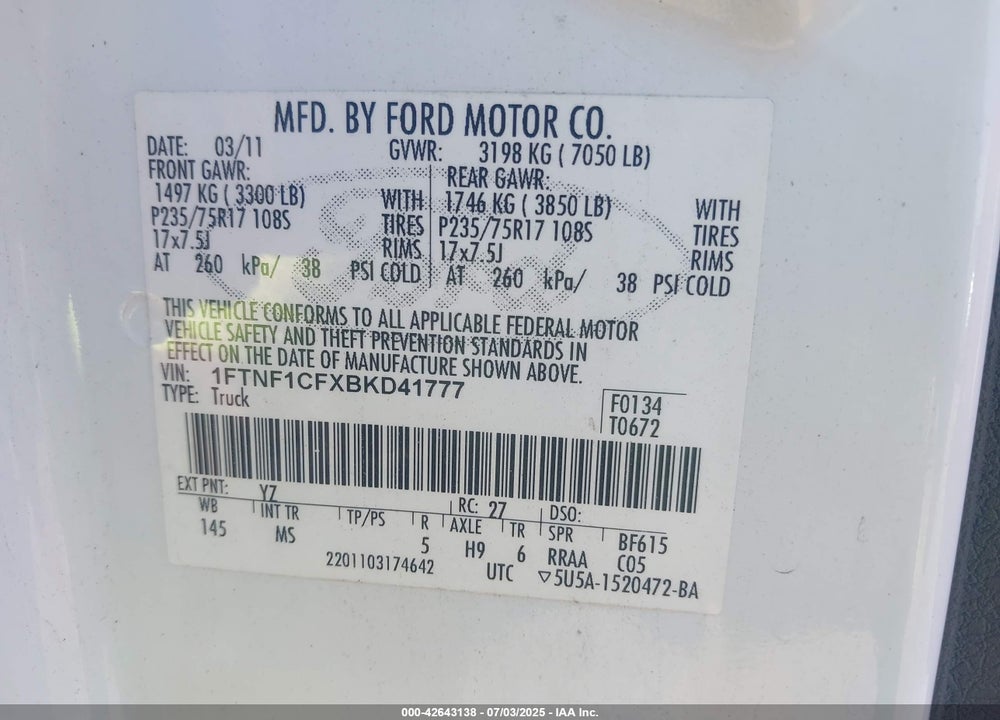 2011 FORD F-150 VIN: 1FTNF1CFXBKD41777