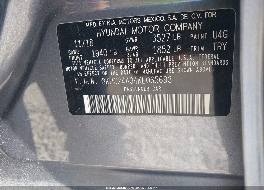 2019 HYUNDAI ACCENT VIN: 3KPC24A34KE065693