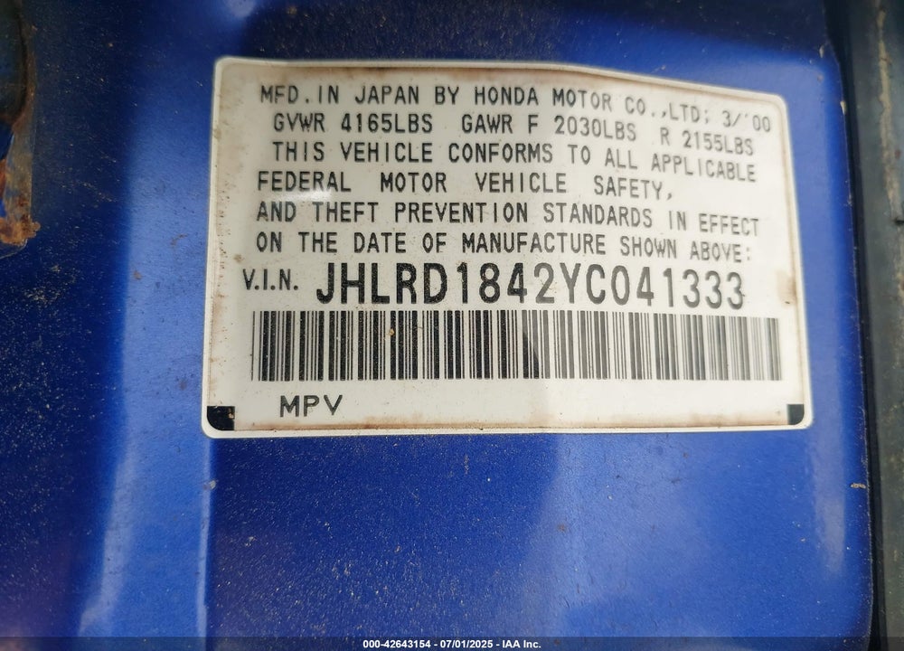 2000 HONDA CR-V LX VIN: JHLRD1842YC041333