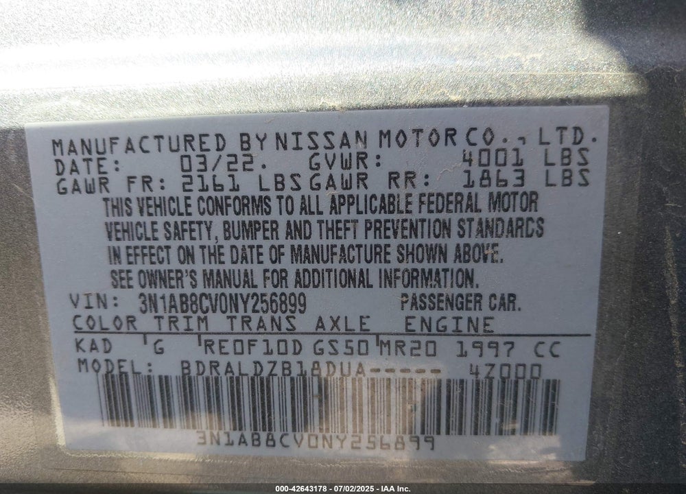 2022 NISSAN SENTRA VIN: 3N1AB8CV0NY256899
