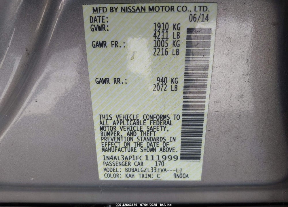 2015 NISSAN ALTIMA VIN: 1N4AL3AP1FC111999