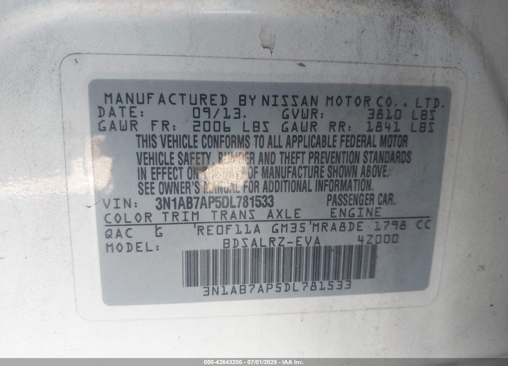 2013 NISSAN SENTRA VIN: 3N1AB7AP5DL781533