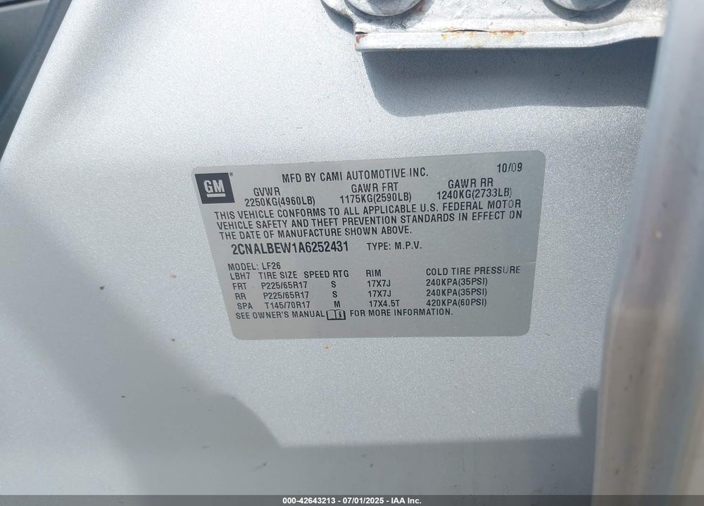 2010 CHEVROLET EQUINOX VIN: 2CNALBEW1A6252431
