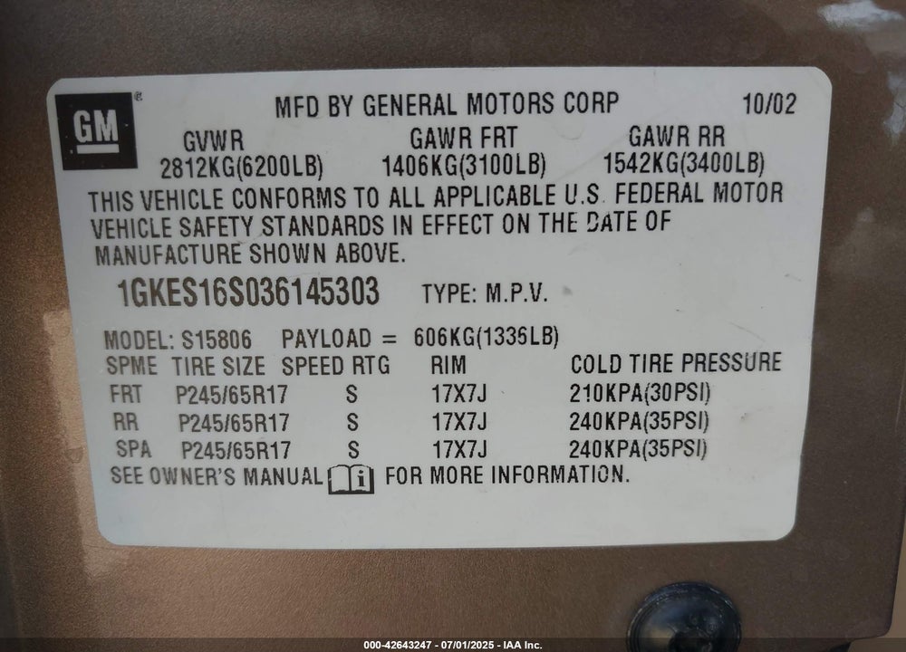 2003 GMC ENVOY XL SLE VIN: 1GKES16S036145303