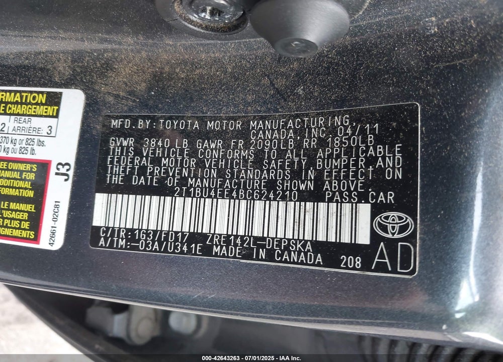 2011 TOYOTA COROLLA VIN: 2T1BU4EE4BC624210