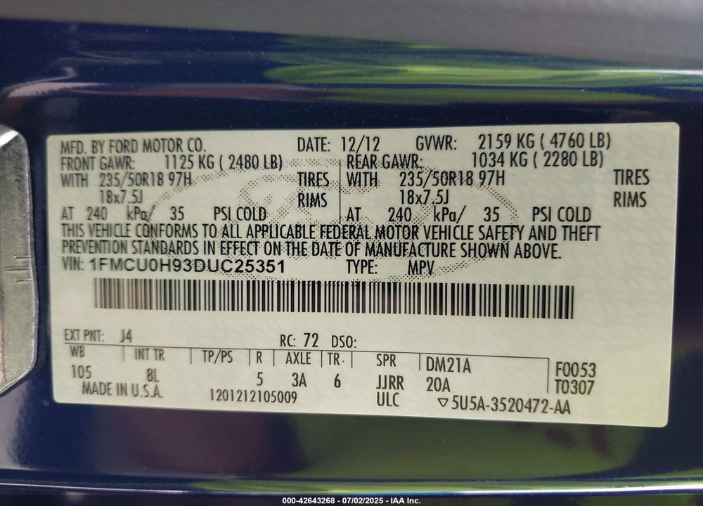 2013 FORD ESCAPE VIN: 1FMCU0H93DUC25351