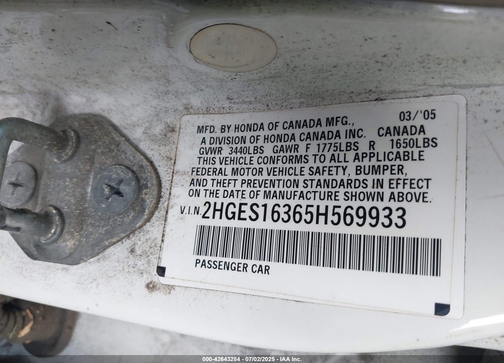 2005 HONDA CIVIC VP VIN: 2HGES16365H569933