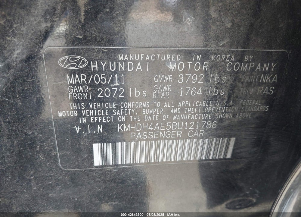 2011 HYUNDAI ELANTRA VIN: KMHDH4AE5BU121786