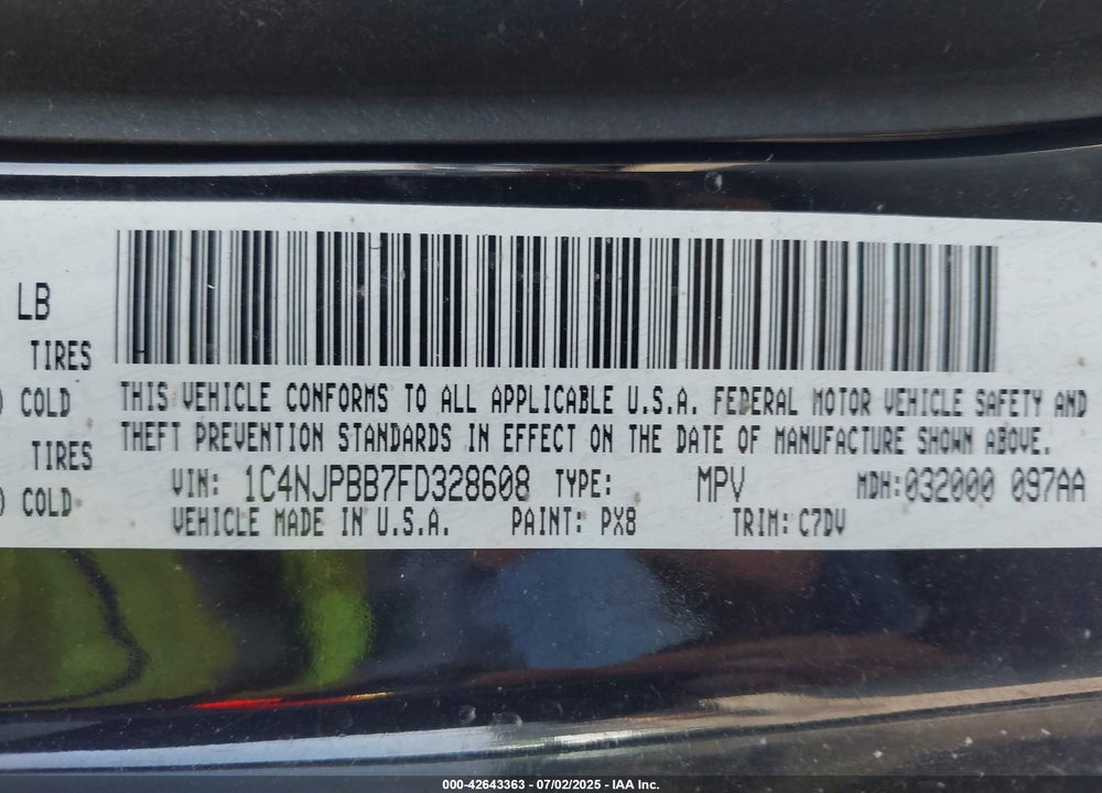 2015 JEEP PATRIOT VIN: 1C4NJPBB7FD328608
