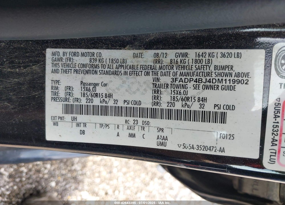 2013 FORD FIESTA VIN: 3FADP4BJ4DM119902